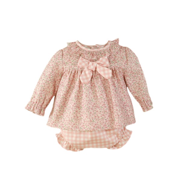 BABY GIRL LONG SLEEVE FLORAL BLOUSE AND PLAID BLOOMER SET