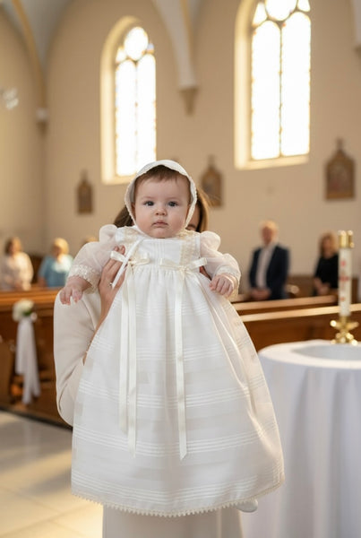 CHRISTENING PIN TUCKS AND RIBBON GOWN WITH BONNET