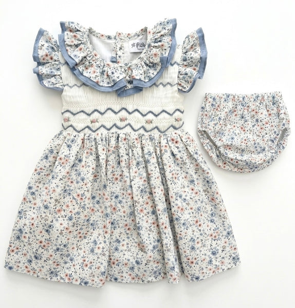 GIRLS DOUBLE COLLAR PINK BLUE FLORAL SMOCKED DRESS