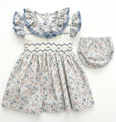 GIRLS DOUBLE COLLAR PINK BLUE FLORAL SMOCKED DRESS