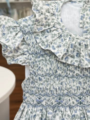 GIRLS RUFFLE COLLAR AND SLEEVE BLUE FLORAL SMOCKED DRESS