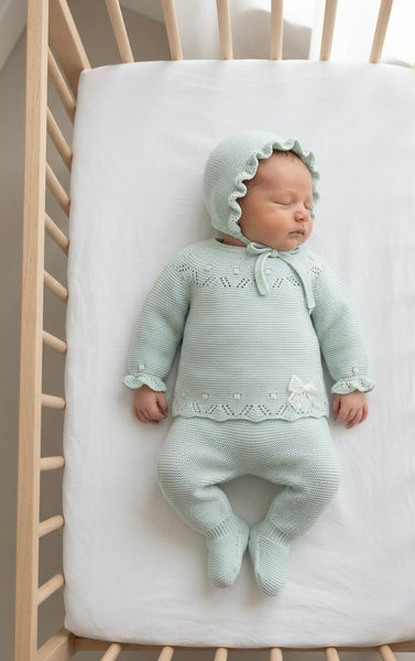 NEWBORN KNIT DOTS AND LACE BOW 3P SET
