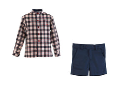 BOYS PLAID SHIRT AND DARK BLUE SHORT SET