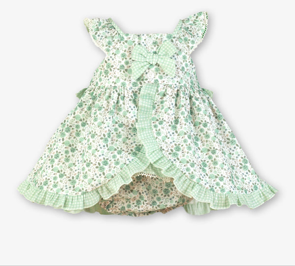 GIRLS GREEN FLOWER SHORT DRESS WITH BLOOMER 2P SET