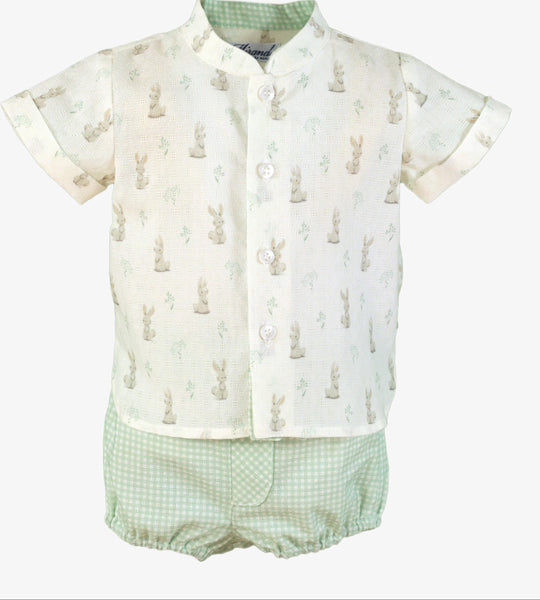 BOYS BUNNIES MAO COLLAR SHIRT AND PLAID SHORT 2P SET