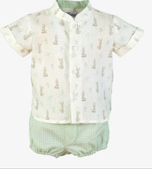 BOYS BUNNIES MAO COLLAR SHIRT AND PLAID SHORT 2P SET