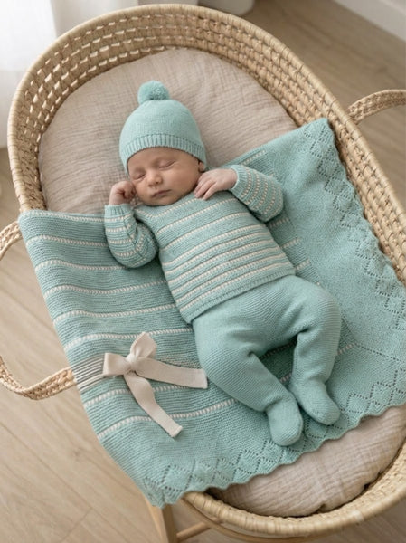 DUSTY GREEN BABY COLORED BLANKET AND NEWBORN 4P SET