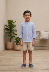 BOYS BLUE STRIPED SHIRT AND LINEN SHORT 2P MARMOLINA