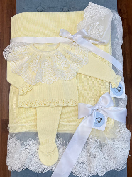 NEWBORN KNIT YELLOW WHITE LACE LUXURY 4P SET