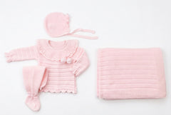 LIGHT PINK BABY LINES BLANKET AND NEWBORN 4P SET