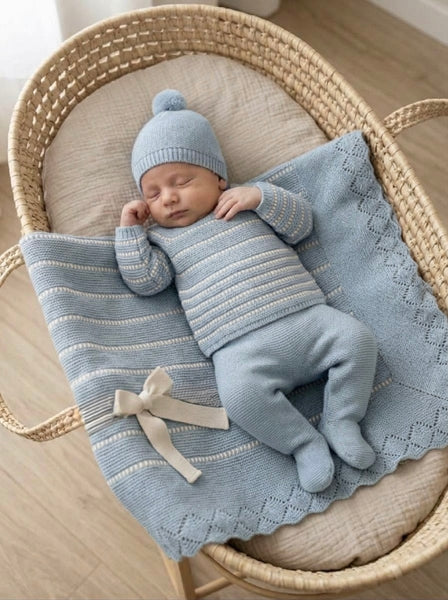 DUSTY BLUE BABY COLORED BLANKET AND NEWBORN 4P SET