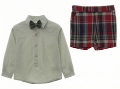 BOYS TARTAN SHORT AND SHIRT WITH BOW TIE  SET PASCUA