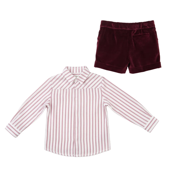 BOYS VELVET SHORT AND SHIRT WITH BOW TIE SET AZAFRAN