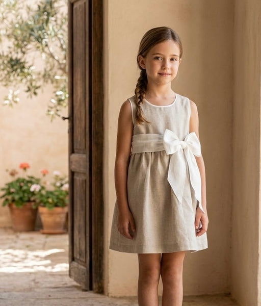 GIRLS SOFT LINEN SLEEVELESS BEIGE DRESS