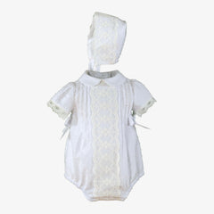 BABY PLUMETI AND LACE ROMPER WITH BONNET SET