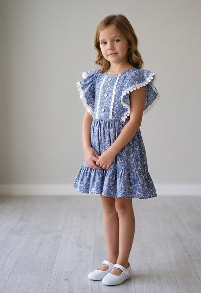 GIRLS BLUE FLOWERS RUFFLE SLEEVE DRESS