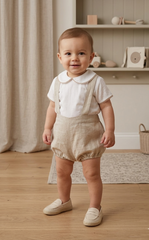 BOYS CLASSIC SHIRT AND BEIGE SUSPENDER SHORT 2P SET