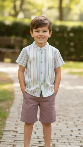 BOY STRIPED MAO COLLAR SHIRT AND SHORT 2P SET