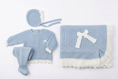 DUSTY BLUE BABY FULLY GATHERED BLANKET AND NEWBORN 4P SET