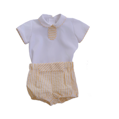 BOYS YELLOW STRIPED SHORT AND SHIRT WITH COLLAR 2P SET
