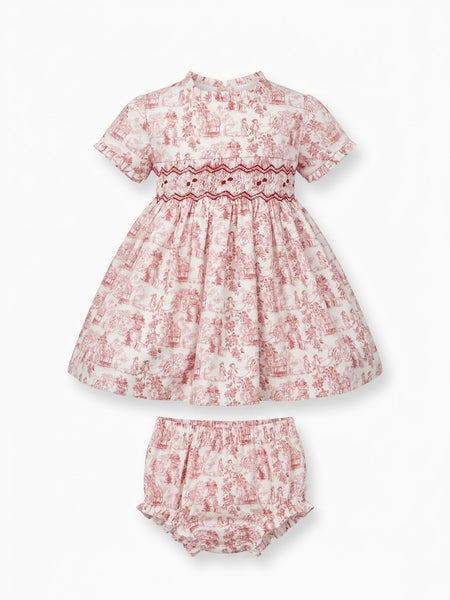 GIRLS RED TOILE PRINT SMOCKED DRESS