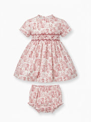 GIRLS RED TOILE PRINT SMOCKED DRESS