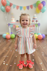 GIRL SUMMER COLORS STRIPED FLOUNCE SLEEVE DRESS