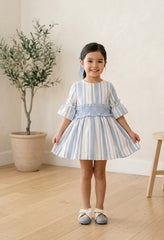 GIRLS SMOCKED BELT STRIPED DRESS PORCELANA