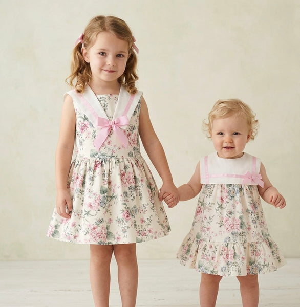 GIRLS PINK FLOWERS AND BOW DRESS