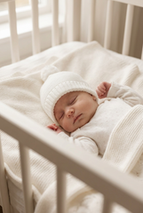 WHITE BABY KNITTED POM POM BONNET