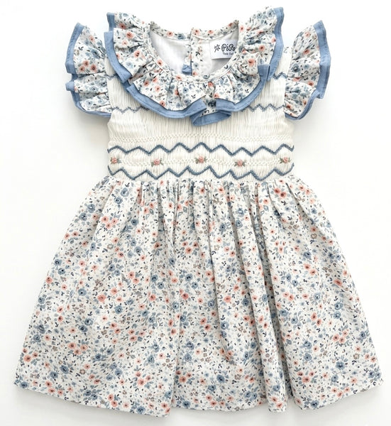 GIRLS DOUBLE COLLAR PINK BLUE FLORAL SMOCKED DRESS