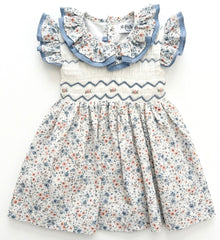 GIRLS DOUBLE COLLAR PINK BLUE FLORAL SMOCKED DRESS