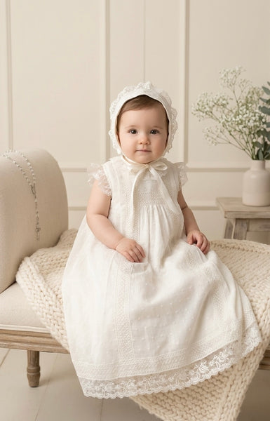 Vestido de ceremonia para niñas con plumeti y gorro