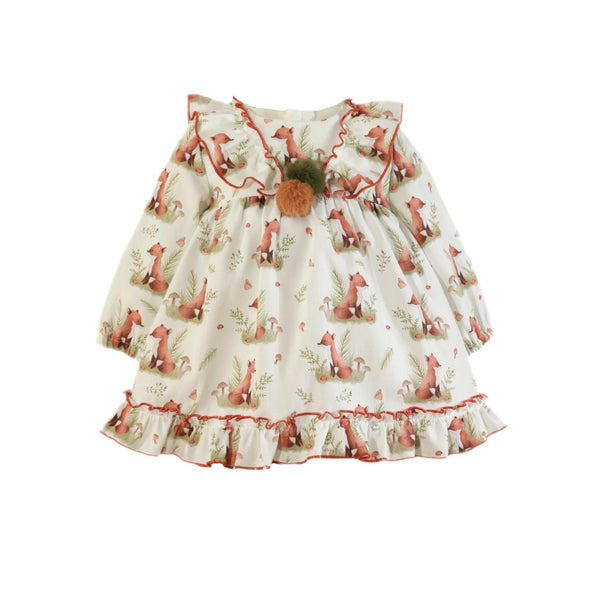 BABY GIRLS FOX PRINT AND POM POM DRESS