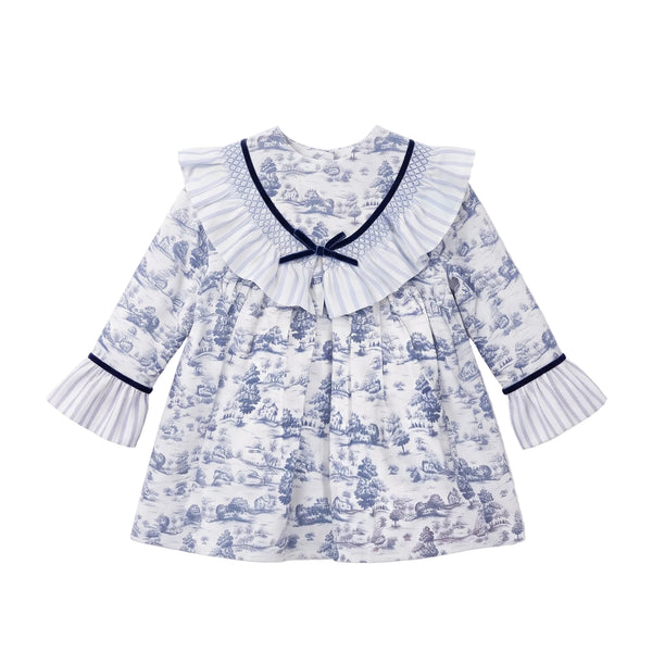 GIRLS TOILE AND RUFFLE COLLAR DRESS AZAFRAN