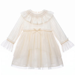 GIRLS SMOCKED RUFFLE COLLAR TULLE DRESS CANELA