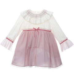 GIRLS SMOCKED RUFFLE COLLAR TULLE DRESS CANELA