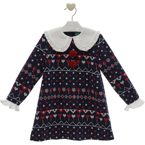 GIRLS DRESS POM POM AND PETER PAN COLLAR DRESS DAMASCO