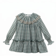 GIRLS PLAID WITH RUFFLE BEIGE COLLAR DRESS ROMERO