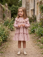 GIRLS PLAID WITH RUFFLE BEIGE COLLAR DRESS ROMERO