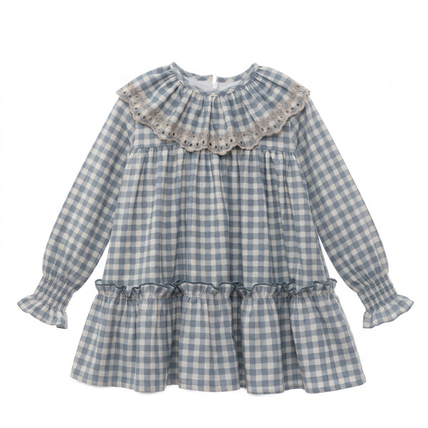GIRLS PLAID WITH RUFFLE BEIGE COLLAR DRESS ROMERO