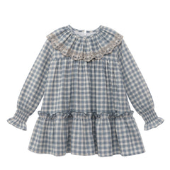 GIRLS PLAID WITH RUFFLE BEIGE COLLAR DRESS ROMERO