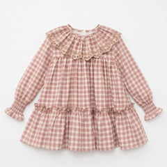 GIRLS PLAID WITH RUFFLE BEIGE COLLAR DRESS ROMERO