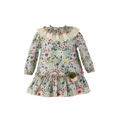 BABY GIRL FLORAL PRINT LACE COLLAR DRESS