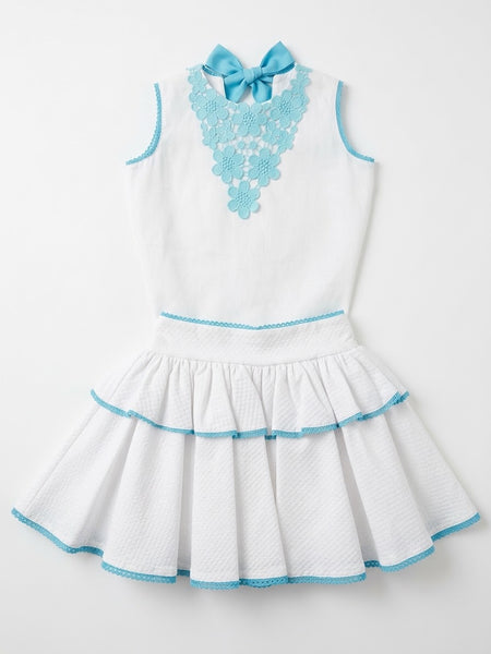 Turquoise flowers details blouse with skirt set