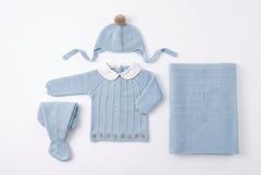 DUSTY BLUE BABY STRIPES BLANKET AND NEWBORN 4P SET