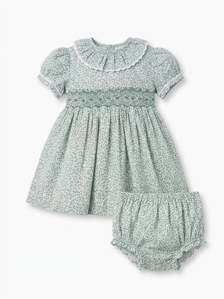 GIRLS GREEN FLORAL AND RUFFLE COLLAR SMOCKED DRESS