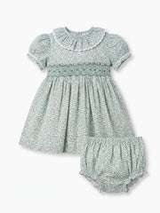 GIRLS GREEN FLORAL AND RUFFLE COLLAR SMOCKED DRESS