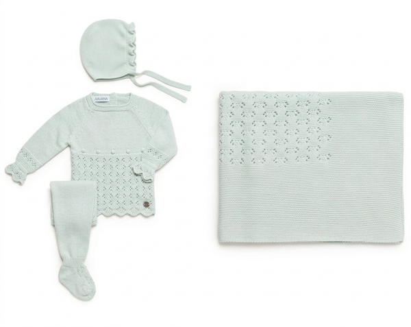 BABY PLAID OPENWORK BLANKET AND NEWBORN 4P SET