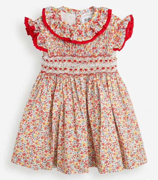 GIRLS  RED FLORAL SMOCKED DRESS